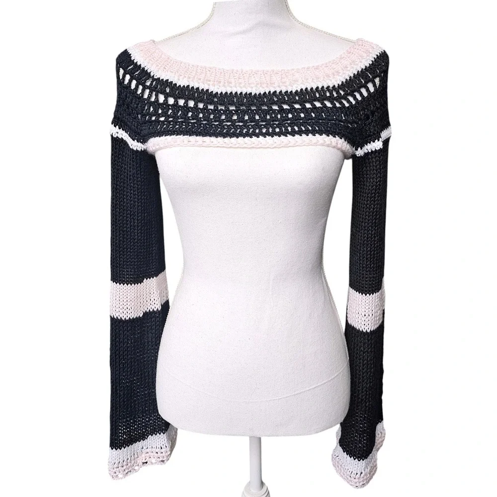 Handmade Crochet Bolero Shrug Women, Black Pink Knit Flared Sleeve, Festival Top